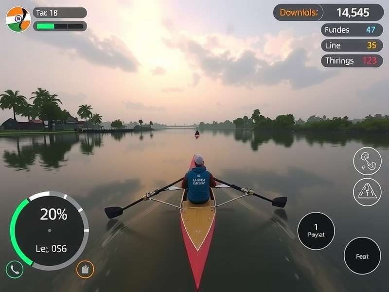 Rowing Master gameplay screenshot showing a rowing competition on an Indian river
